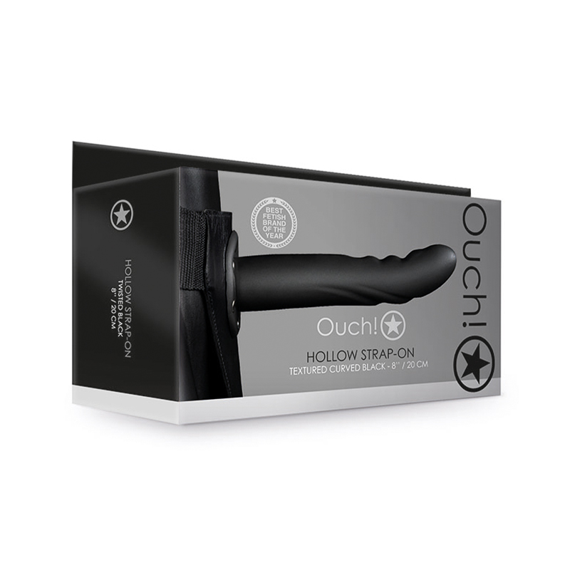 Ouch! Textured Curved 8 in. Hollow Strap-On Black