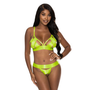 Magic Silk Strap Tease Bra & Crotchless Panty Set Yellow L/XL