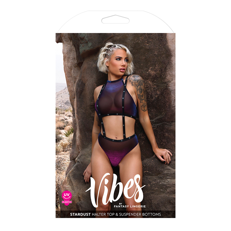 Fantasy Lingerie Vibes Stardust Iridescent Halter Top & Suspender Bottom Indigo L/XL
