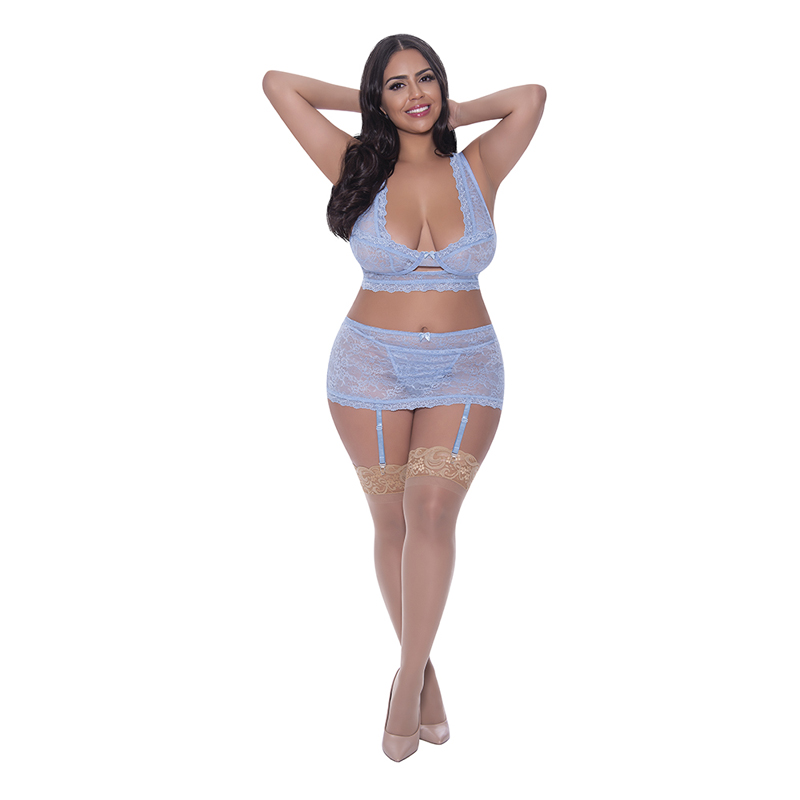 Magic Silk Ooh La Lace Bralette, Garter Skirt & G-String Set Periwinkle Queen Size